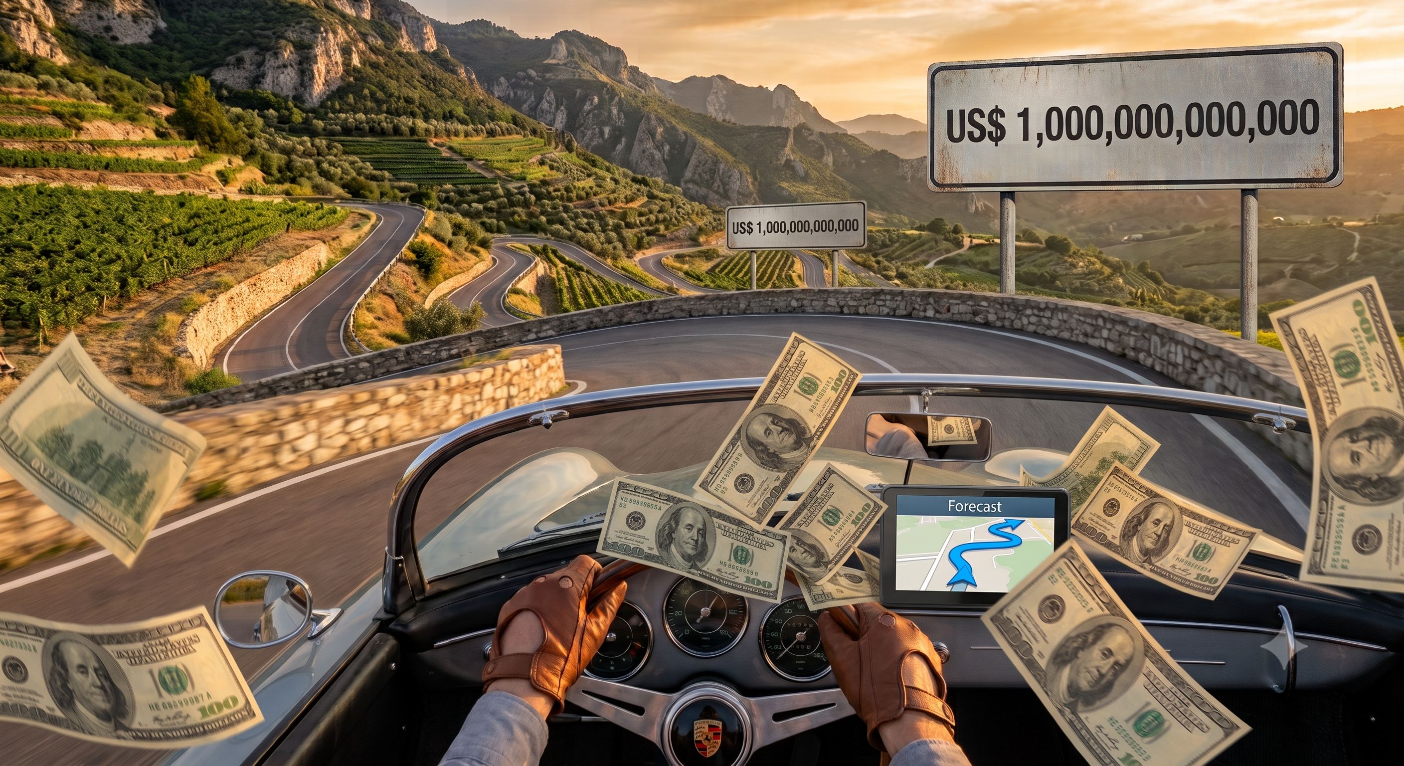 Someone driving through a mountain pass as a metaphor for someone managing the supply chain based on forecasts